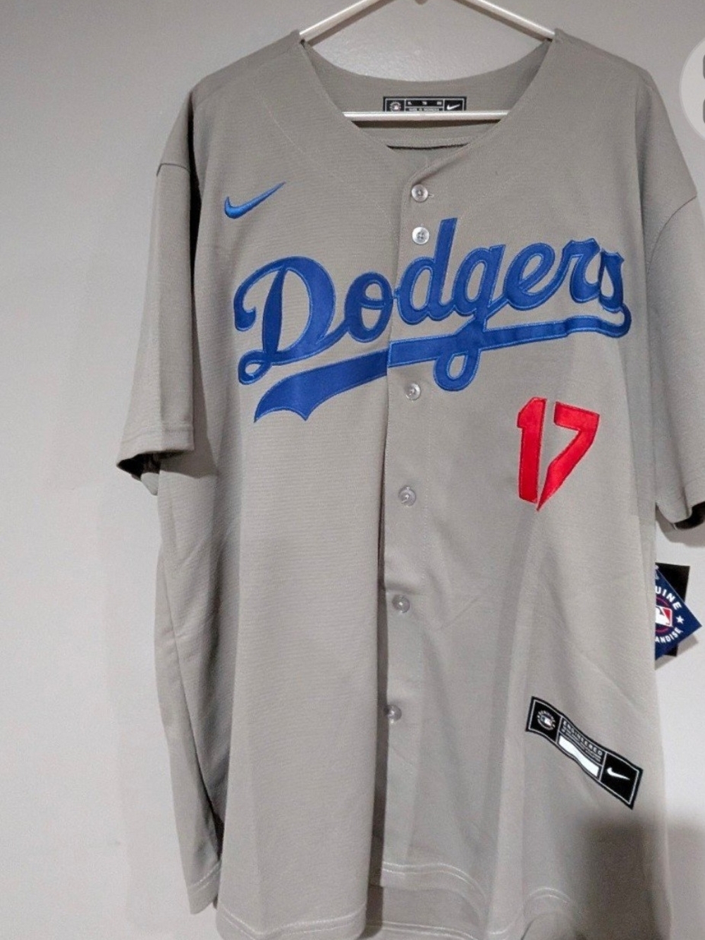 Nike Los Angeles Dodgers Gray Jersey with Blue Script and Red Number 17